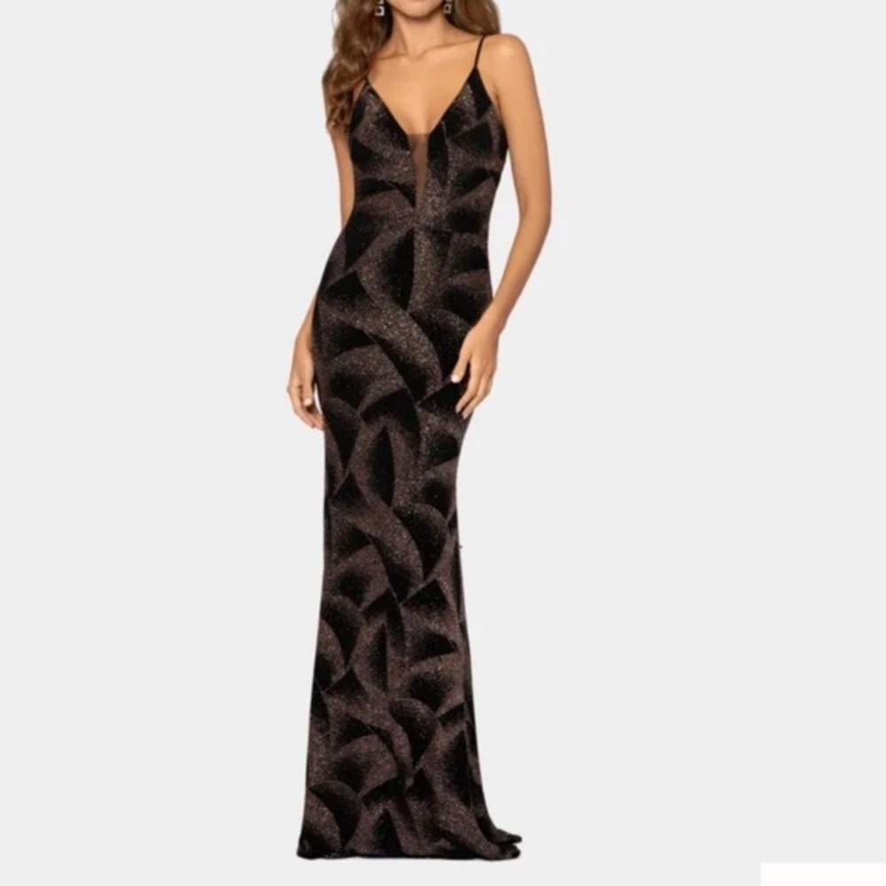 Betsy & Adam - Art Deco Gold Glitter Stretchy Gown